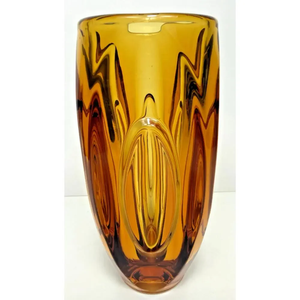 SKLO Vase Amber Yellow Glass Bullet Lens 8"H Czech 60s Mid Mod MCM Hand Blown - Picture 5 of 15